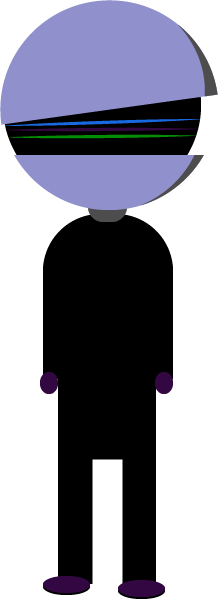 Simple cartoon of the w0rmh0le mascot, Wesley the w0rmvel0per. They are in a standing position with their arms to their arms to their side. They are wearing all black with purple hands and feet. Their head is a round light purple shell, split open with glowing green and blue bands inside.